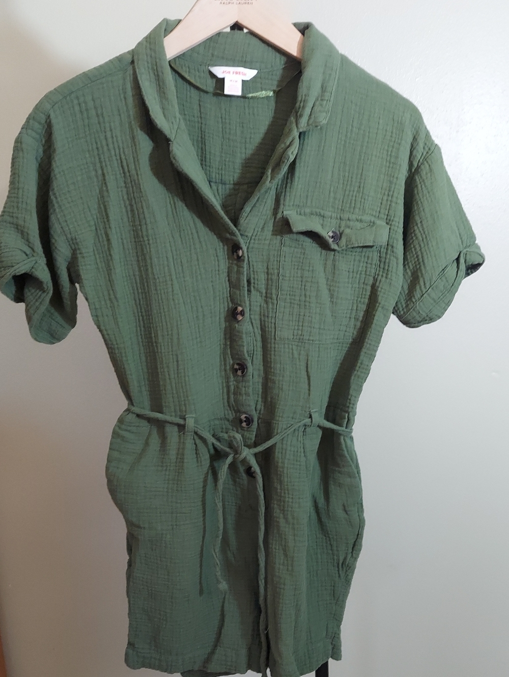 Joe Fresh Olive Green Short-Sleeve Button-Front Romper with Waist Tie Sz M